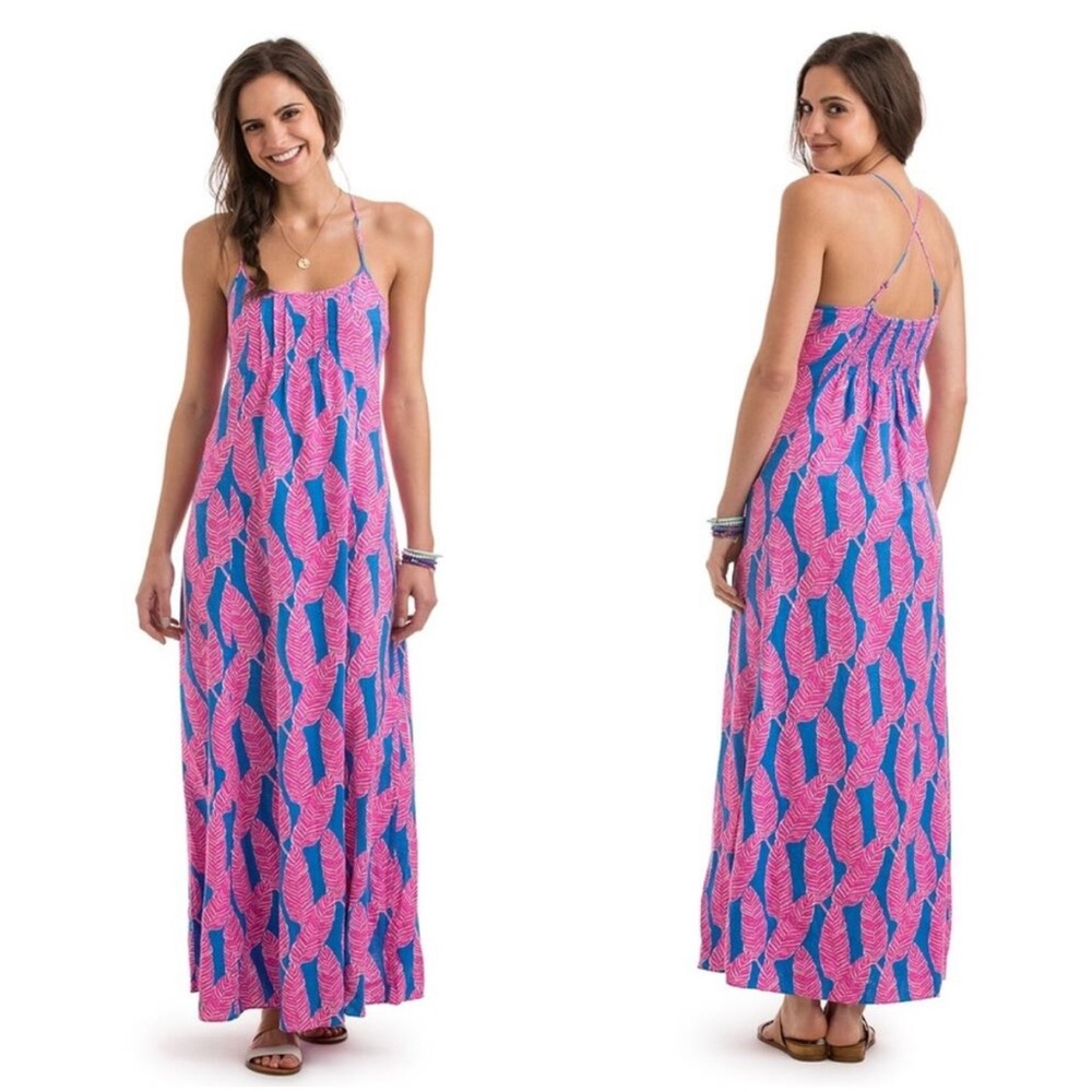 NWT Vineyard Vines Pink/Blue Palm Print Cotton Maxi Dress Spaghetti Straps Sz 4